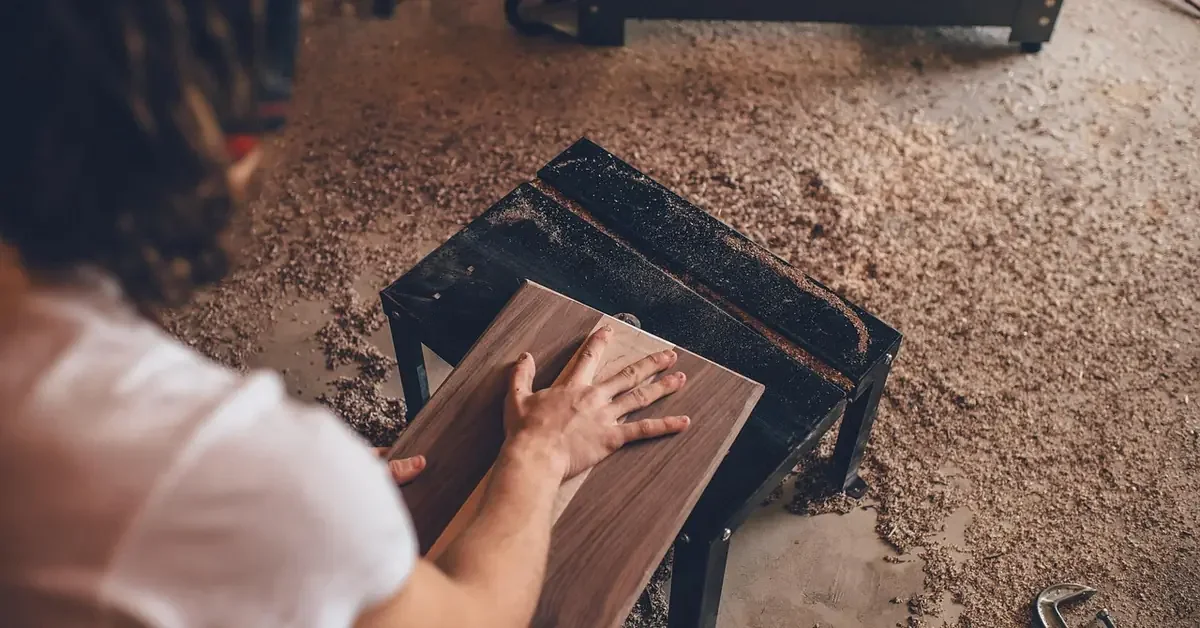 woodworker sanding a dark walnut board covered in sawdust on a workbench