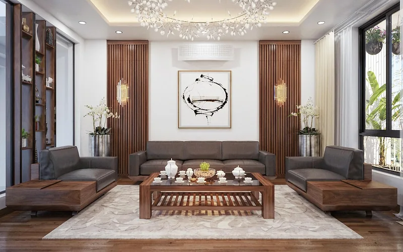 Walnut wood furniture with visible burl-figured grain in a living room interior Walnut wood furniture with visible burl-figured grain in a living room interior