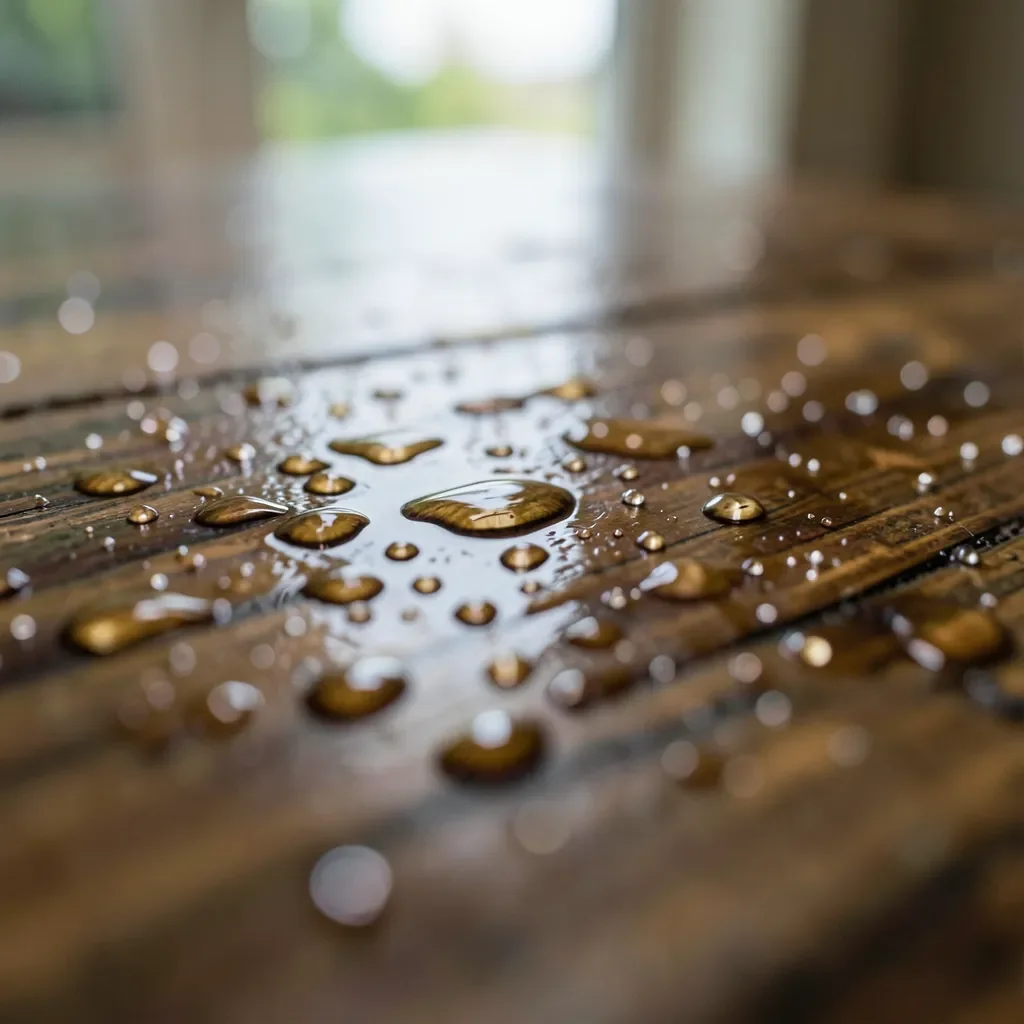 Water droplets beading on an oiled wood surface