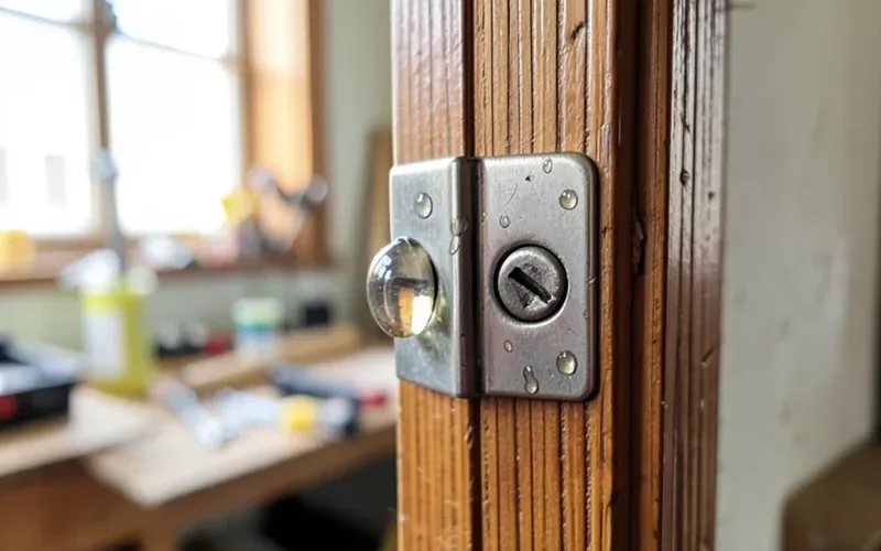 Wooden door hinge lubricated with a few drops of oil to stop squeaking