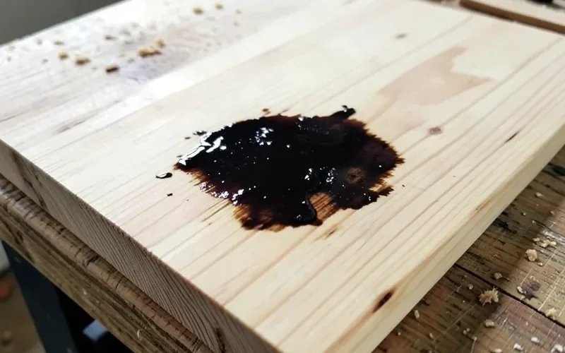 Dark oily stain blotch soaked into unfinished raw pine wood board