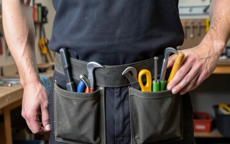 Tradesperson wearing a tool pouch belt with hand tools visible in the pockets Tradesperson wearing a tool pouch belt with hand tools visible in the pockets