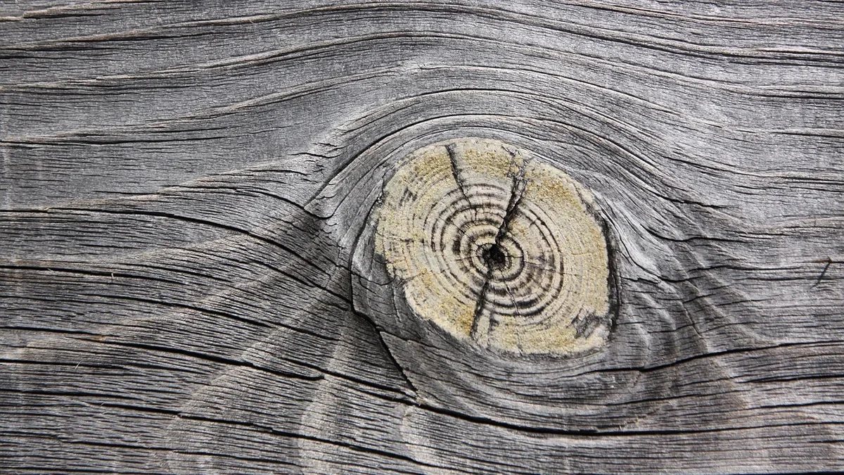 Weathered silver-gray wood board with a knot and deep grain checks