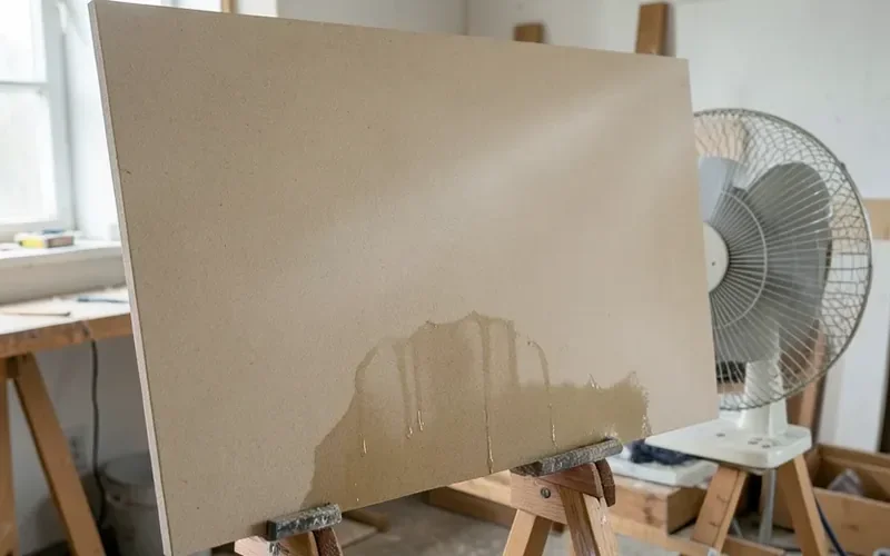 A water-stained MDF board propped on sawhorses drying with a box fan A water-stained MDF board propped on sawhorses drying with a box fan