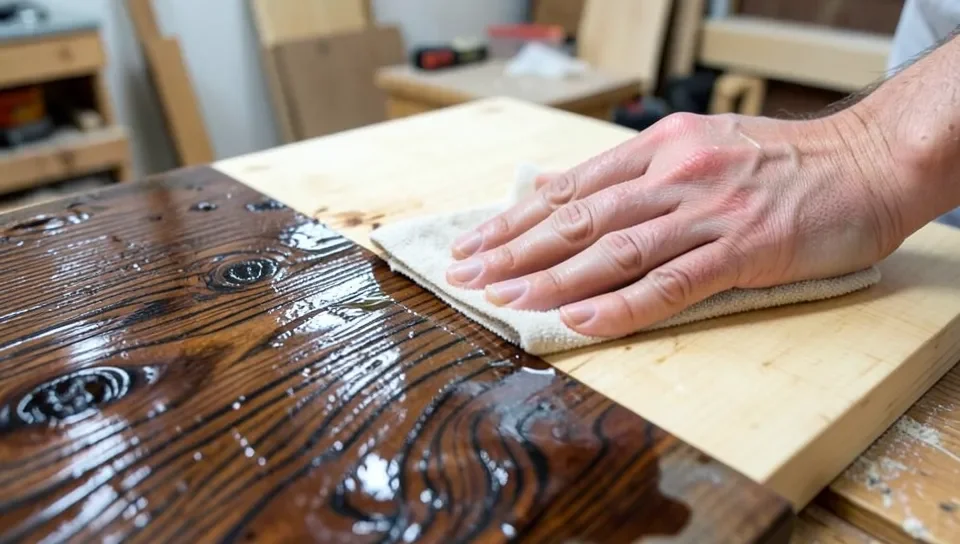 Hand wiping a damp cloth across raw wood, showing the wet-test contrast between wet and dry wood grain