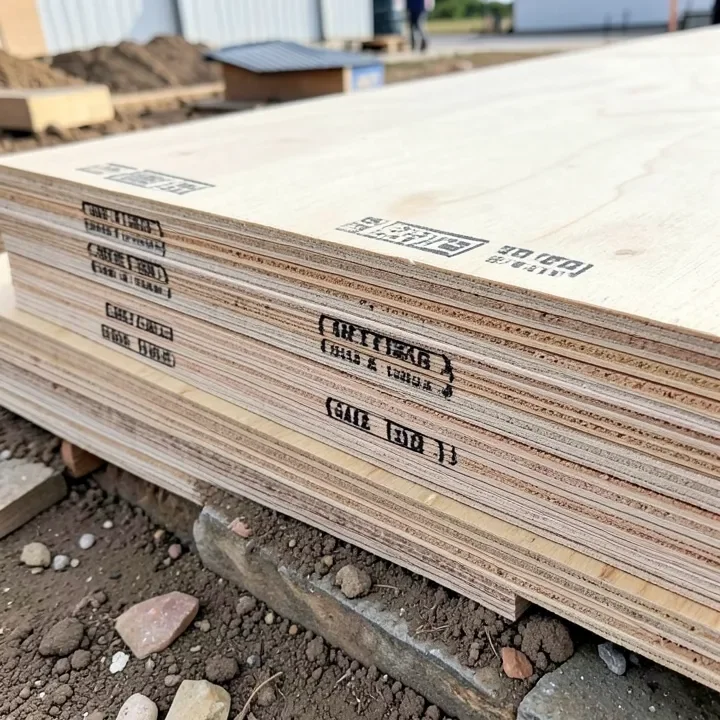 Stack of tongue and groove subfloor plywood panels stamped with span rating