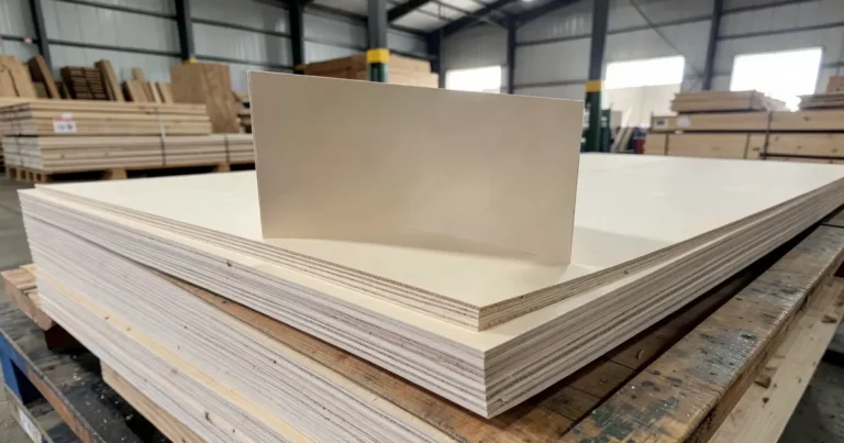 Stack of BCX plywood sheets at a lumberyard showing the smooth B-grade face and ply layers