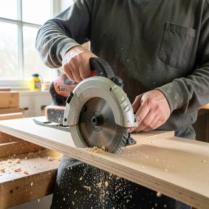 carpenter cutting an MDF board with a circular saw in a workshop