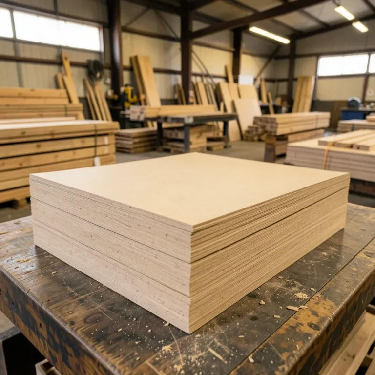 stack of MDF sheets in a workshop