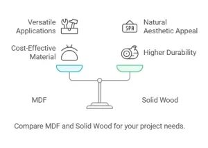 infographic comparing MDF and solid wood on cost, durability, and applications