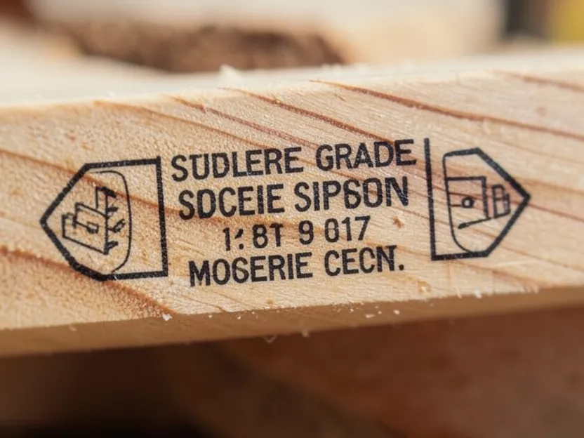 Lumber grade stamp printed on the end of a wood board