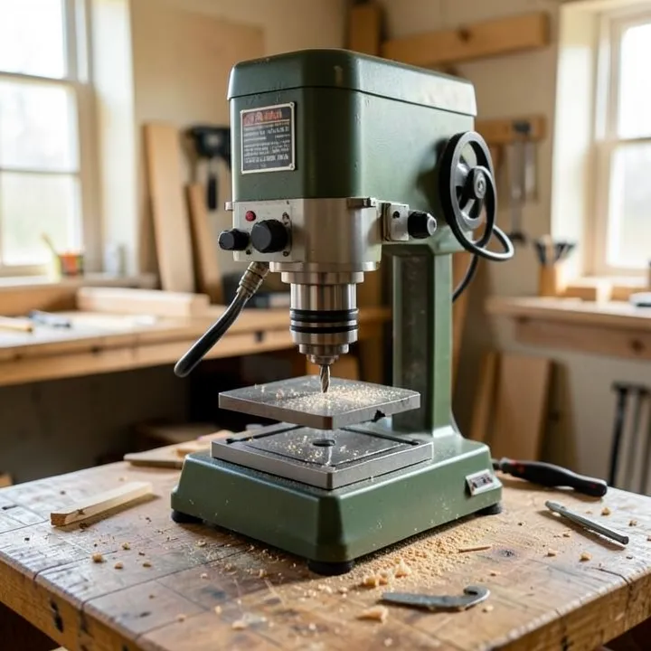 Benchtop drill press on a workbench, used to illustrate how to choose the right drill press size