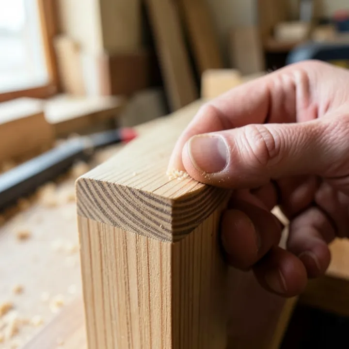 close-up of a hand feeling a freshly routed round-over edge on a wood board corner