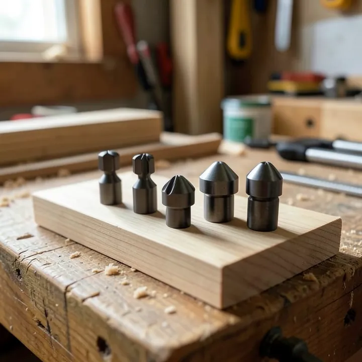A set of round-over router bits with interchangeable radii, used to choose the right size for 3/4 inch wood