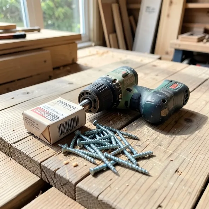 cordless drill and box of wood screws spilled on a wooden decking board cordless drill and box of wood screws spilled on a wooden decking board