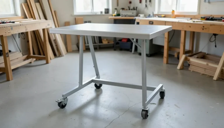 Miter saw stand fitted with locking swivel caster wheels in a home garage workshop
