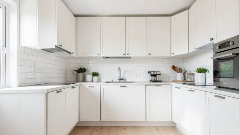 Kitchen with oak cabinets freshly painted white