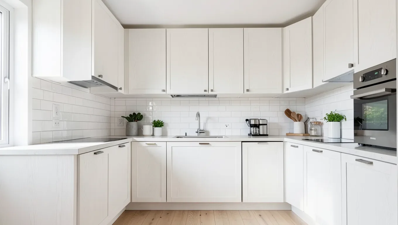 Kitchen with oak cabinets freshly painted white