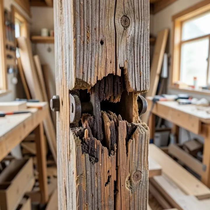 Weathered wooden beam showing advanced rot and decay around old hardware Weathered wooden beam showing advanced rot and decay around old hardware