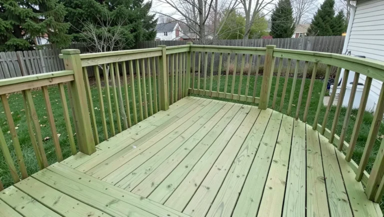 Pressure-treated wood deck in a backyard