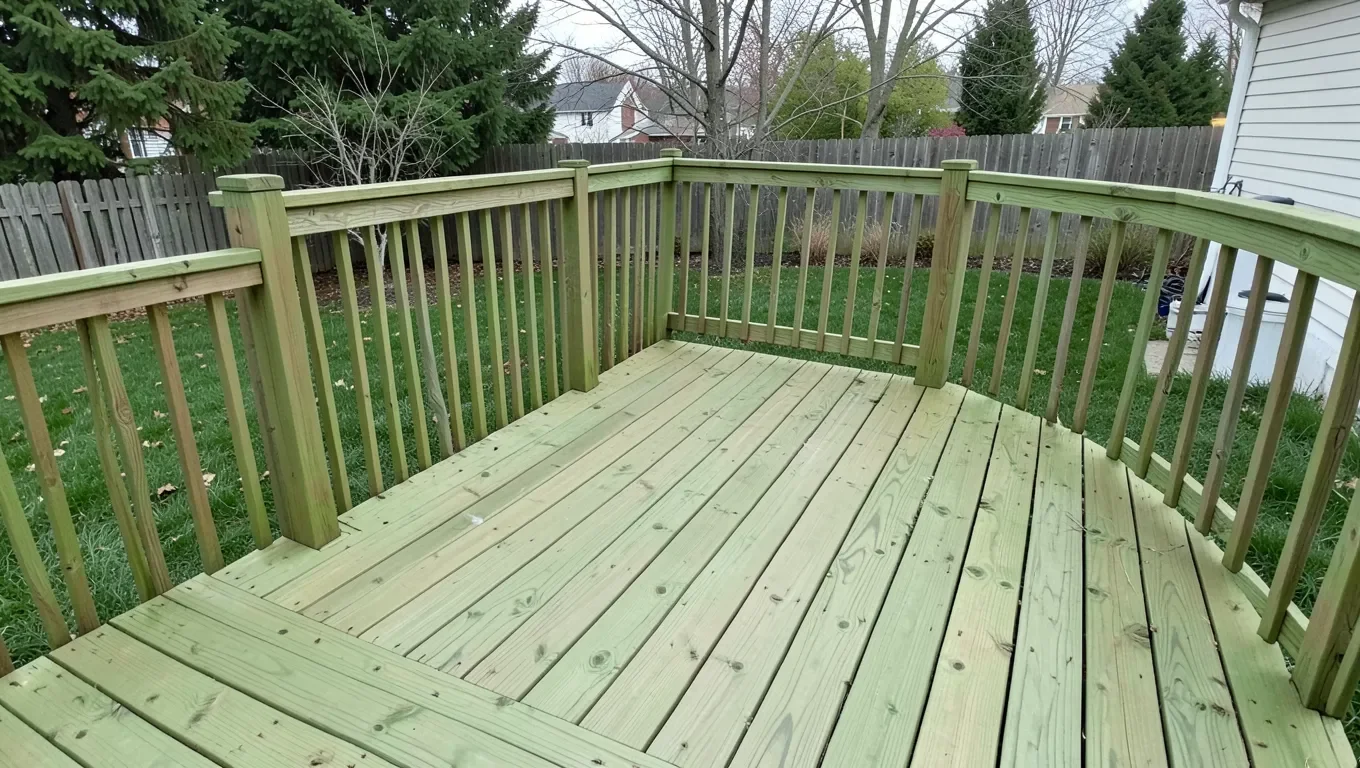 Pressure-treated wood deck in a backyard