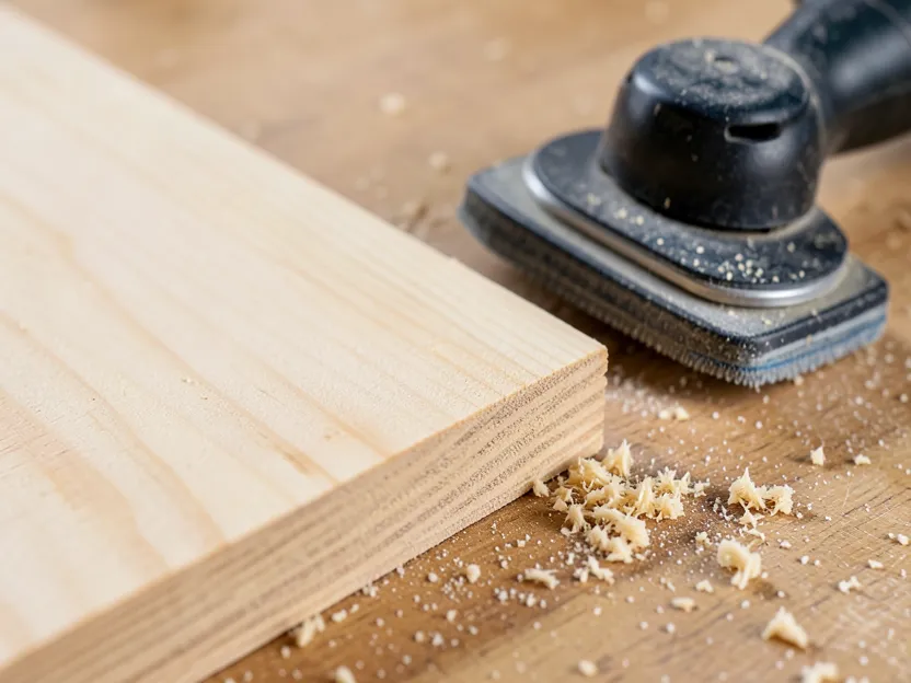 Close-up of a wood plank sanded and prepped before coating