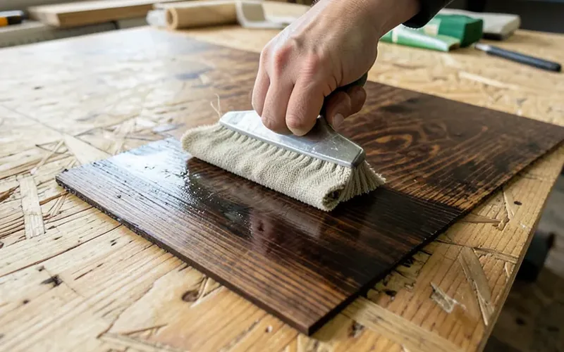 rag wiping dark wood stain onto a plywood floor board along the grain
