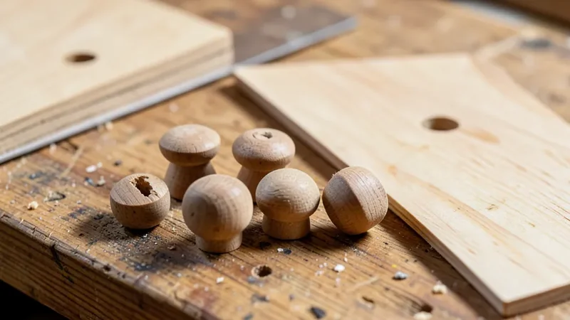 Wood button plugs with domed tops on a workbench