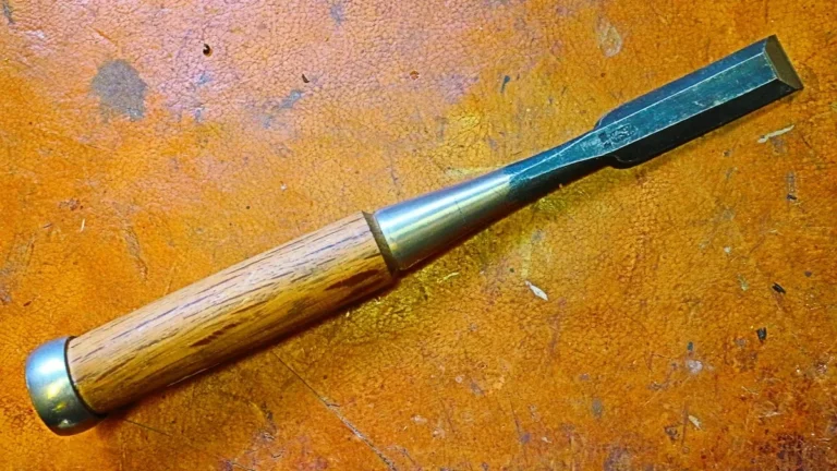 Bench chisel with an oak handle resting on a worn workbench