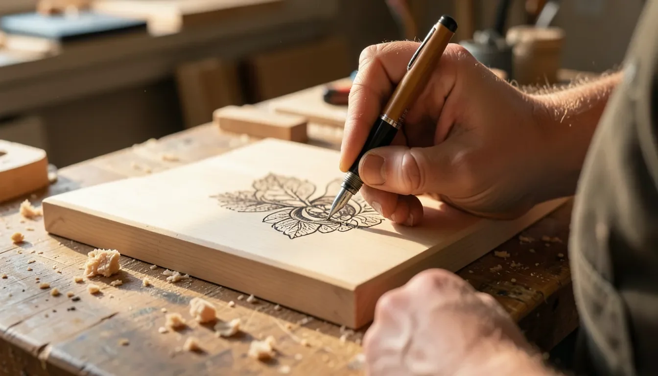 Woodworker using a pyrography pen to etch a leaf design into a wooden board