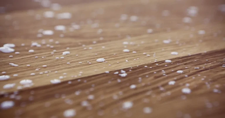 Beads of wood glue on a raw wooden board surface