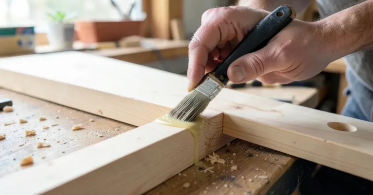 Woodworker applying wood glue along a joint before clamping