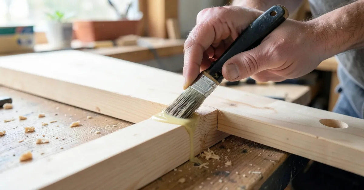 Woodworker applying wood glue along a joint before clamping