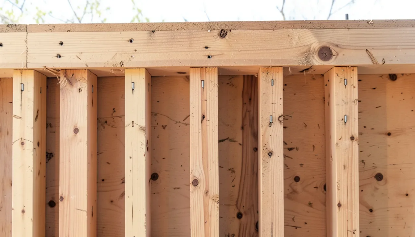 Wood stud wall framing showing studs nailed to top plate