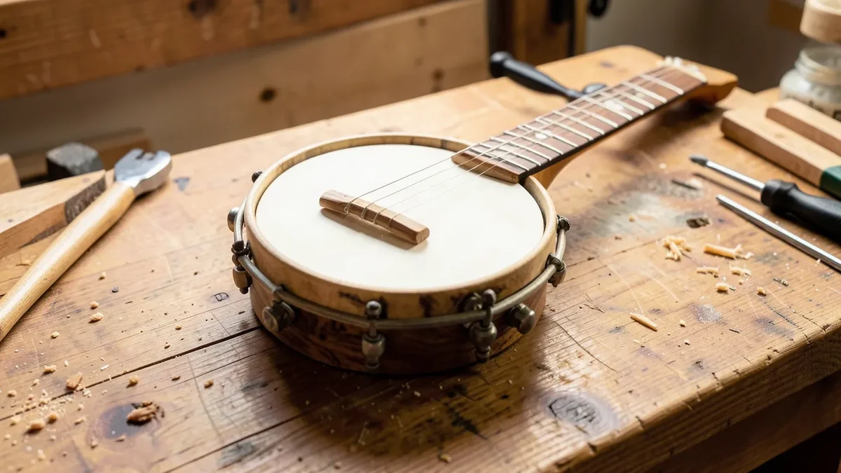 Handcrafted wooden five-string banjo with maple rim and neck on a workbench