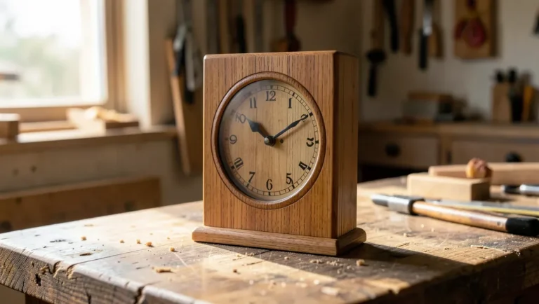 Finished wooden clock case on a workshop bench with a round analog face