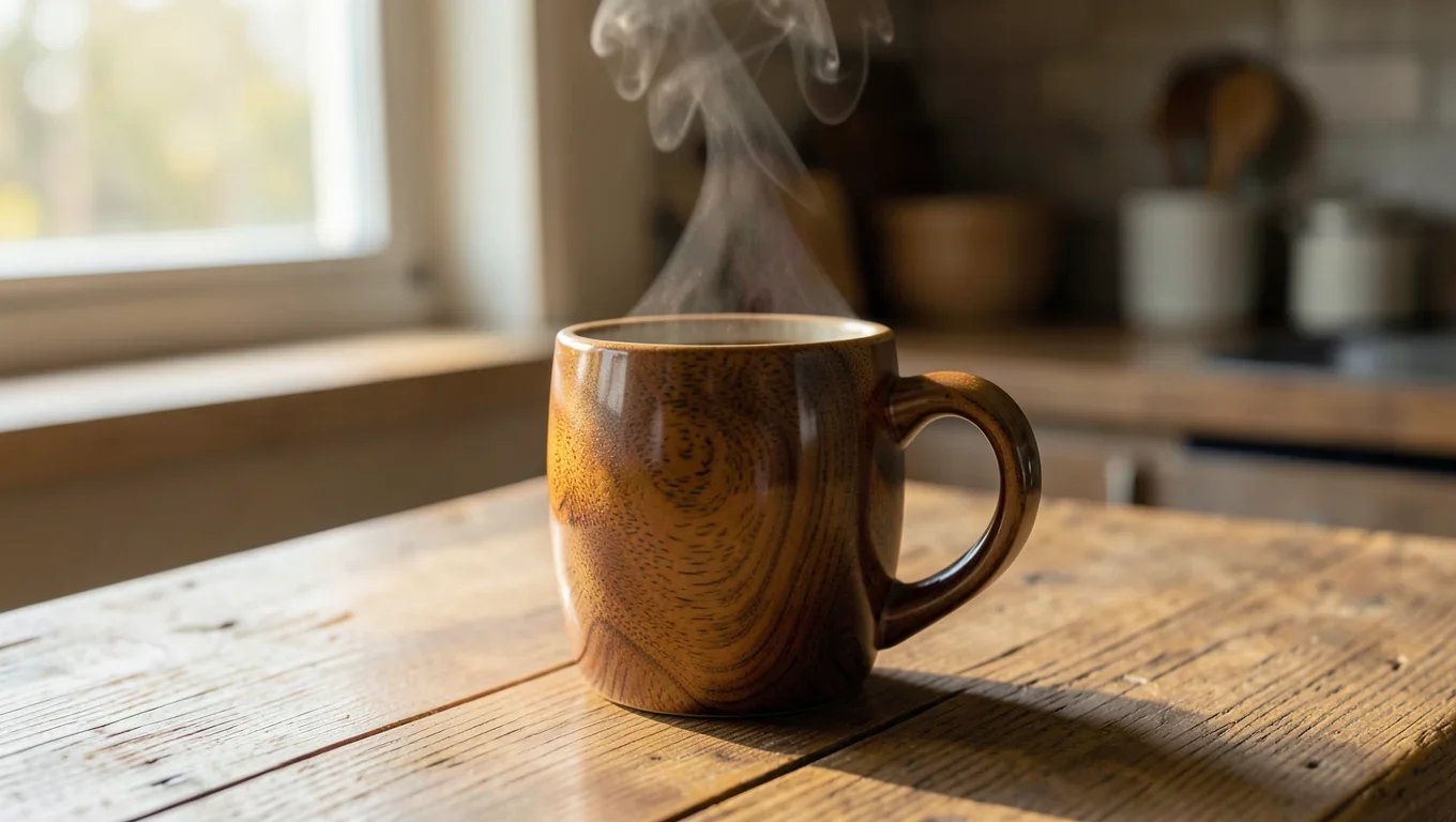Handcrafted wooden coffee mug with a sealed natural finish on a wood kitchen counter