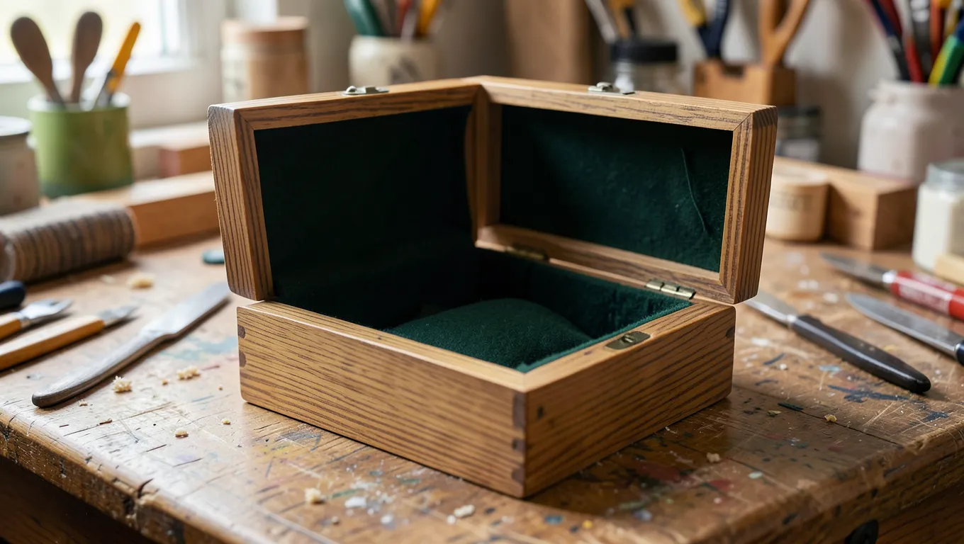 Open wooden jewelry box lined inside with soft dark green felt
