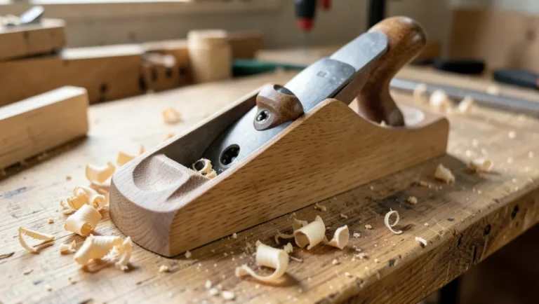 Handcrafted wooden jointer plane with steel blade and wood shavings on a workbench