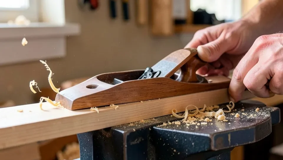 A finished wooden jointer plane jointing the edge of a board clamped in a bench vise
