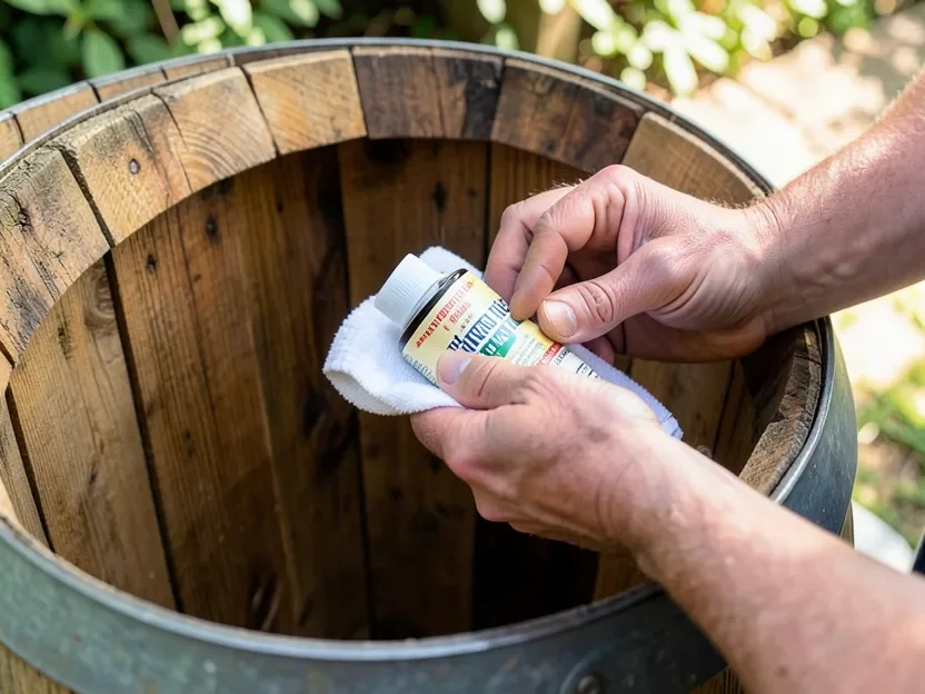 Applying food-safe tung oil sealant to the interior staves of a wooden water tank