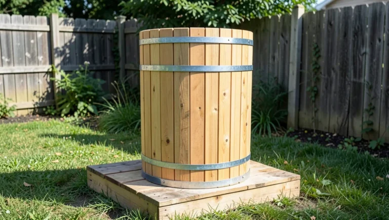 DIY wooden water tank built with barrel-style staved construction and galvanized steel hoops
