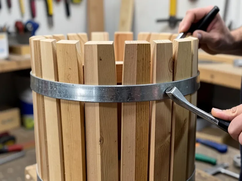 Tightening a galvanized steel hoop band around vertical wood staves during water tank construction
