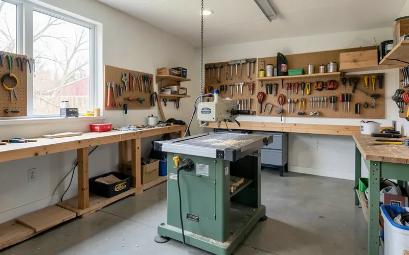Organized home woodworking shop with pegboard tool wall, workbench, and table saw