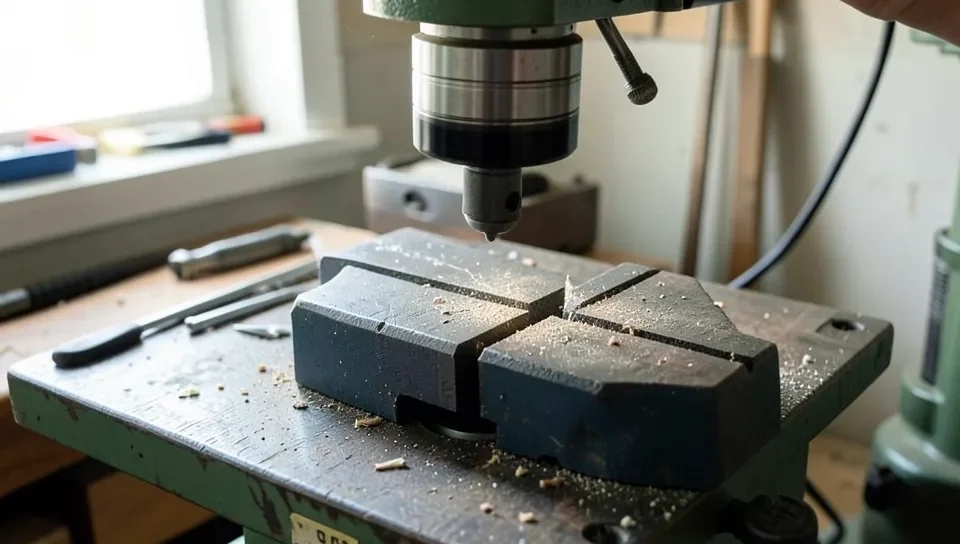 A workpiece clamped in a vise on a drill press table