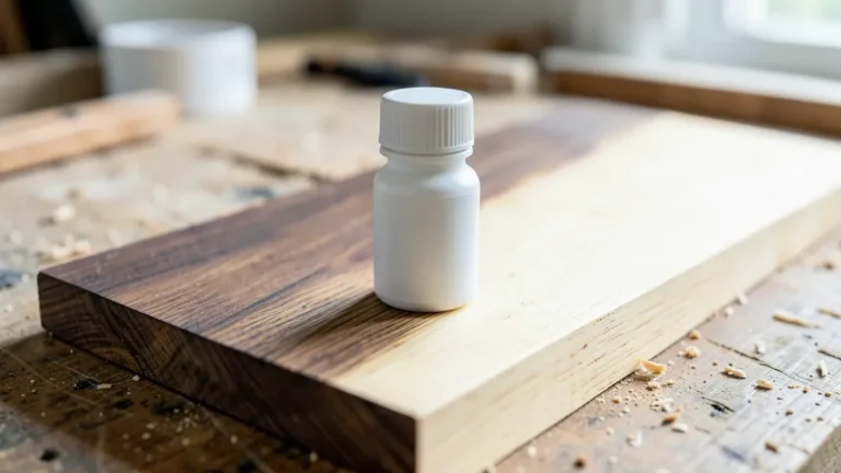 Two-part wood bleach kit next to a plank half-lightened from dark to pale wood