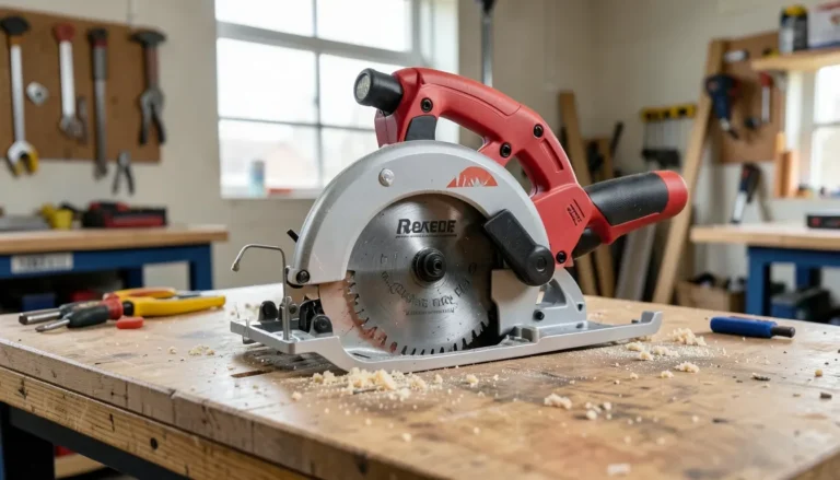 A 12-inch dual-bevel sliding compound miter saw set up in a workshop