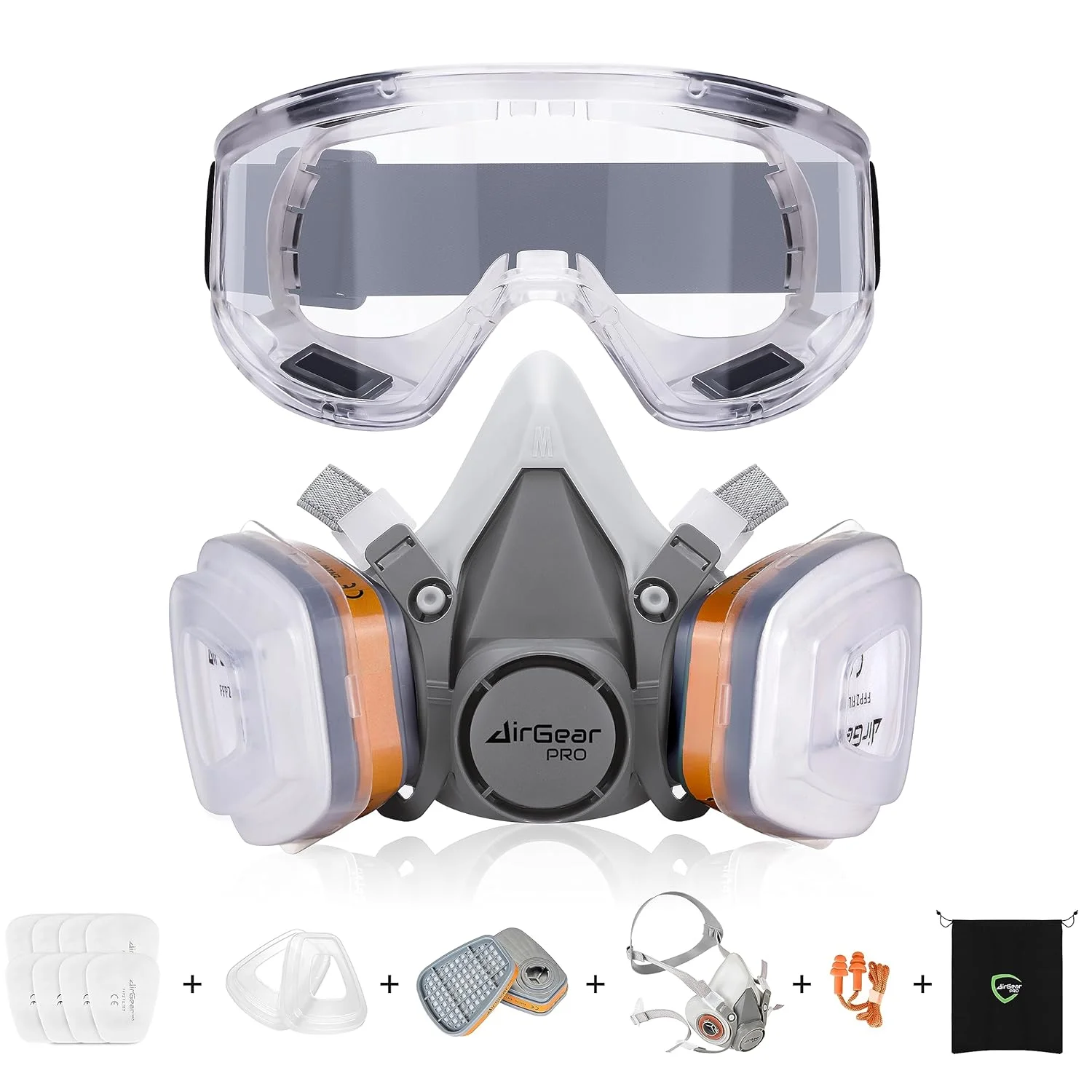 AirGearPro G-500 respirator mask with organic vapor cartridges and safety goggles