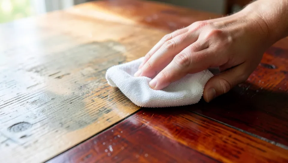 Hand rubbing Restor-A-Finish onto a dull wood tabletop, restoring color and shine on one half