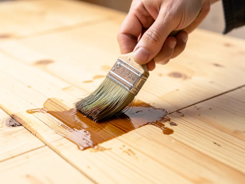 Applying wood stain to a sanded plywood floor with a brush